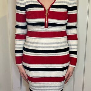 No Boundaries Red, White, Silver and Black Striped Long Sleeve Dress